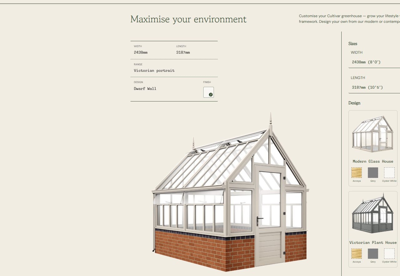 Cultivar online configurator showing greenhouse design options